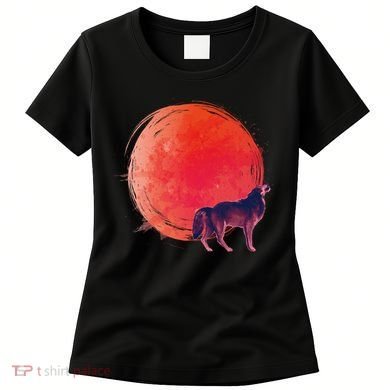Watercolor Red Moon and Howling Wolf Women's T-Shirt