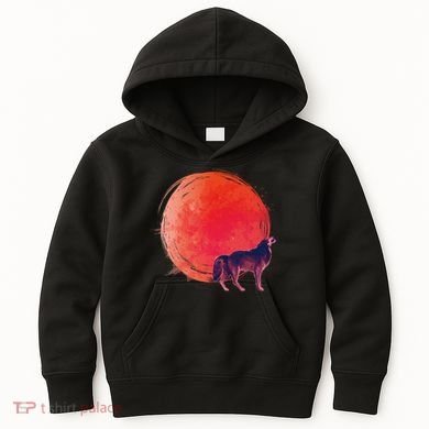 Watercolor Red Moon and Howling Wolf Kids Hoodie