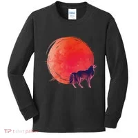 Watercolor Red Moon and Howling Wolf Kids Long Sleeve Shirt thumb 0