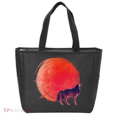 Watercolor Red Moon and Howling Wolf Tote Bag