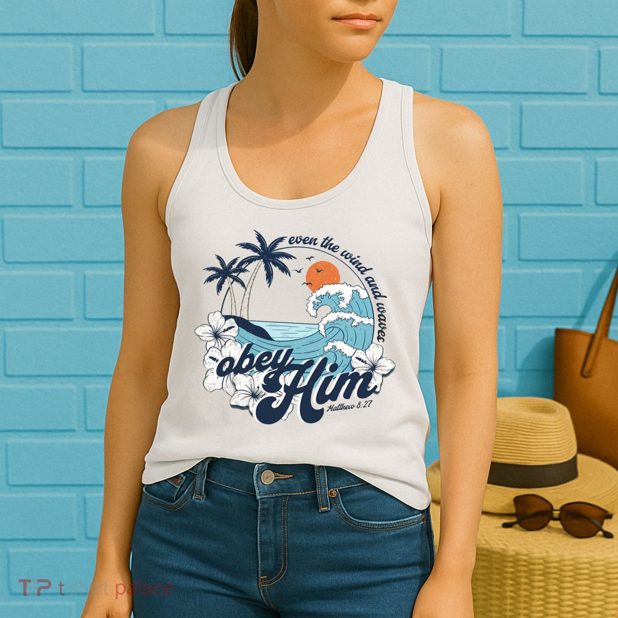Wind And Waves Obey Him Christian Jesus Beach Bible Verse Women's Tank Top