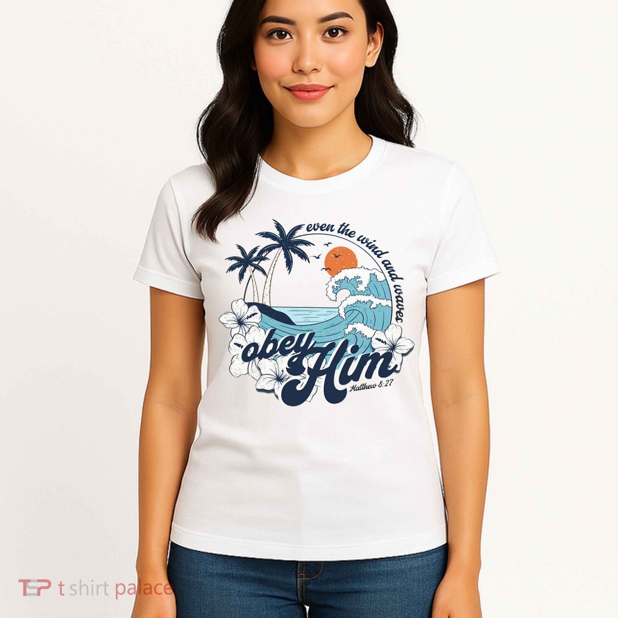 Wind And Waves Obey Him Christian Jesus Beach Bible Verse Women's T-Shirt