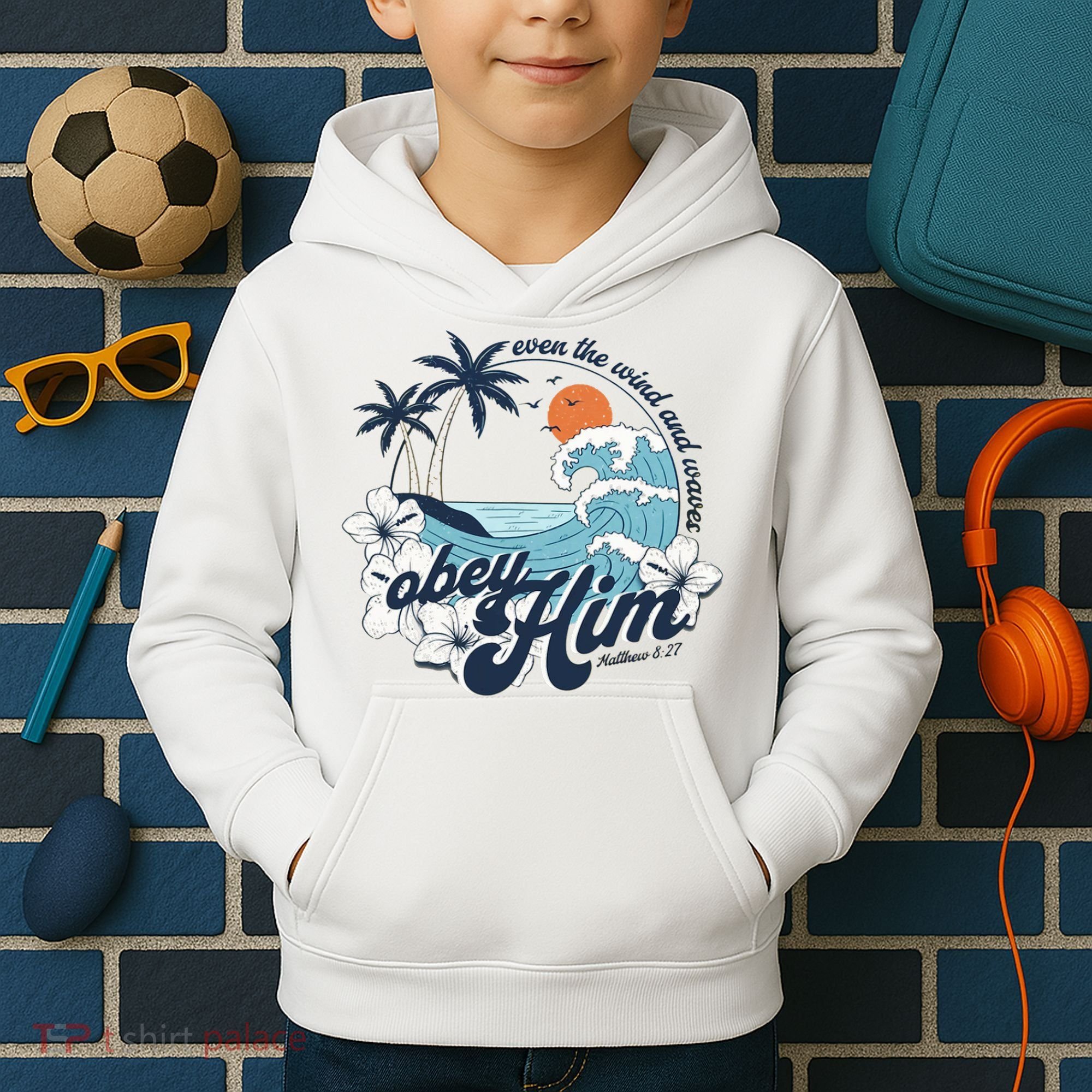 Wind And Waves Obey Him Christian Jesus Beach Bible Verse Kids Hoodie