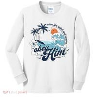 Wind And Waves Obey Him Christian Jesus Beach Bible Verse Kids Long Sleeve Shirt thumb 0
