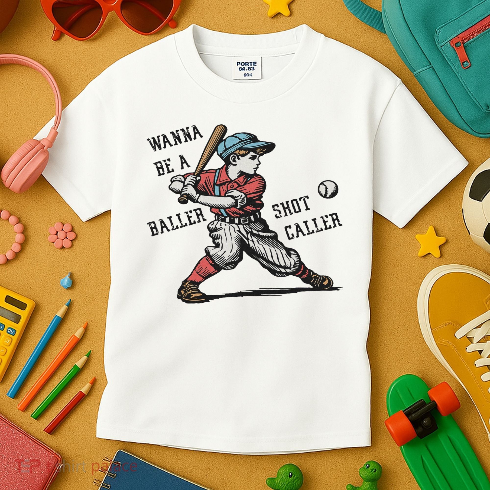 Wanna Be A Baller Shot Caller Retro Game Day Baseball Boy Kids T-Shirt