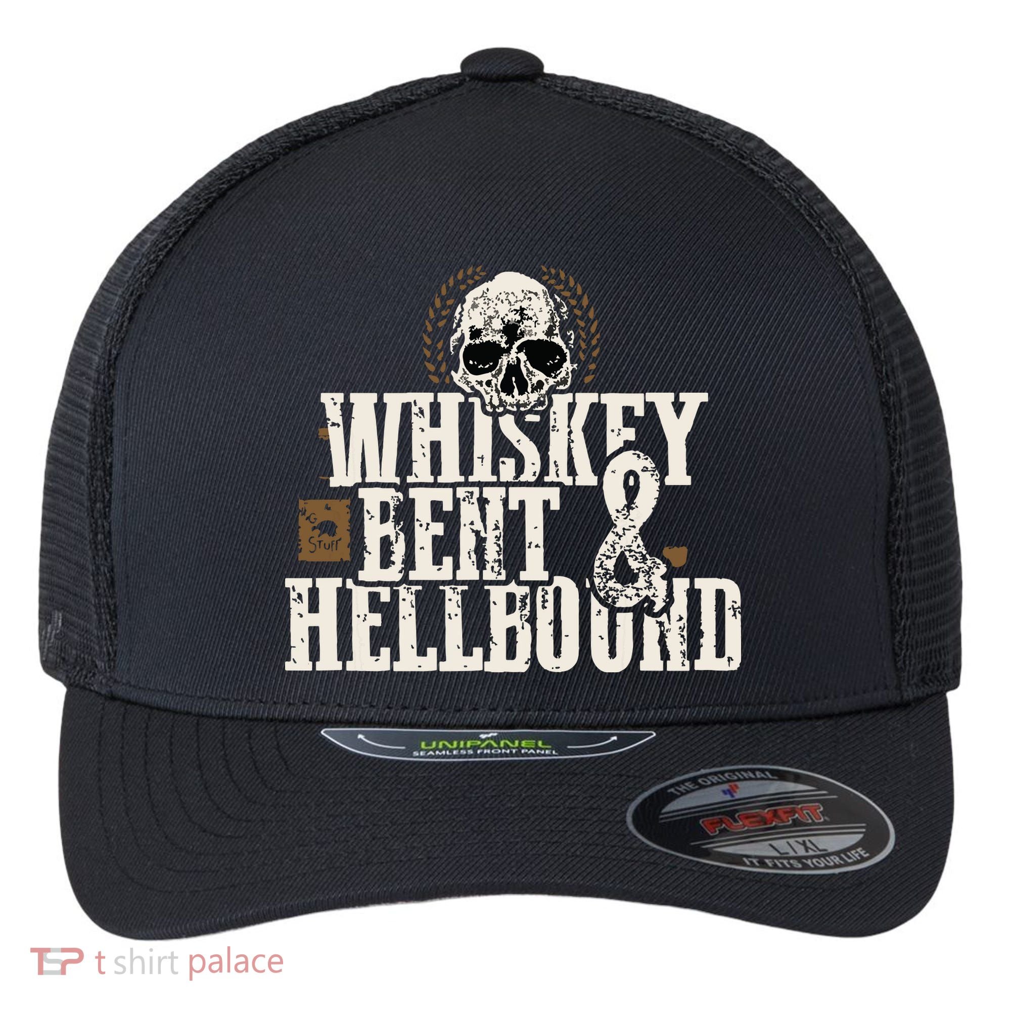 Whiskey Bent And Hellbound Shirts Distressed Biker Style Flexfit Unipanel Trucker Cap