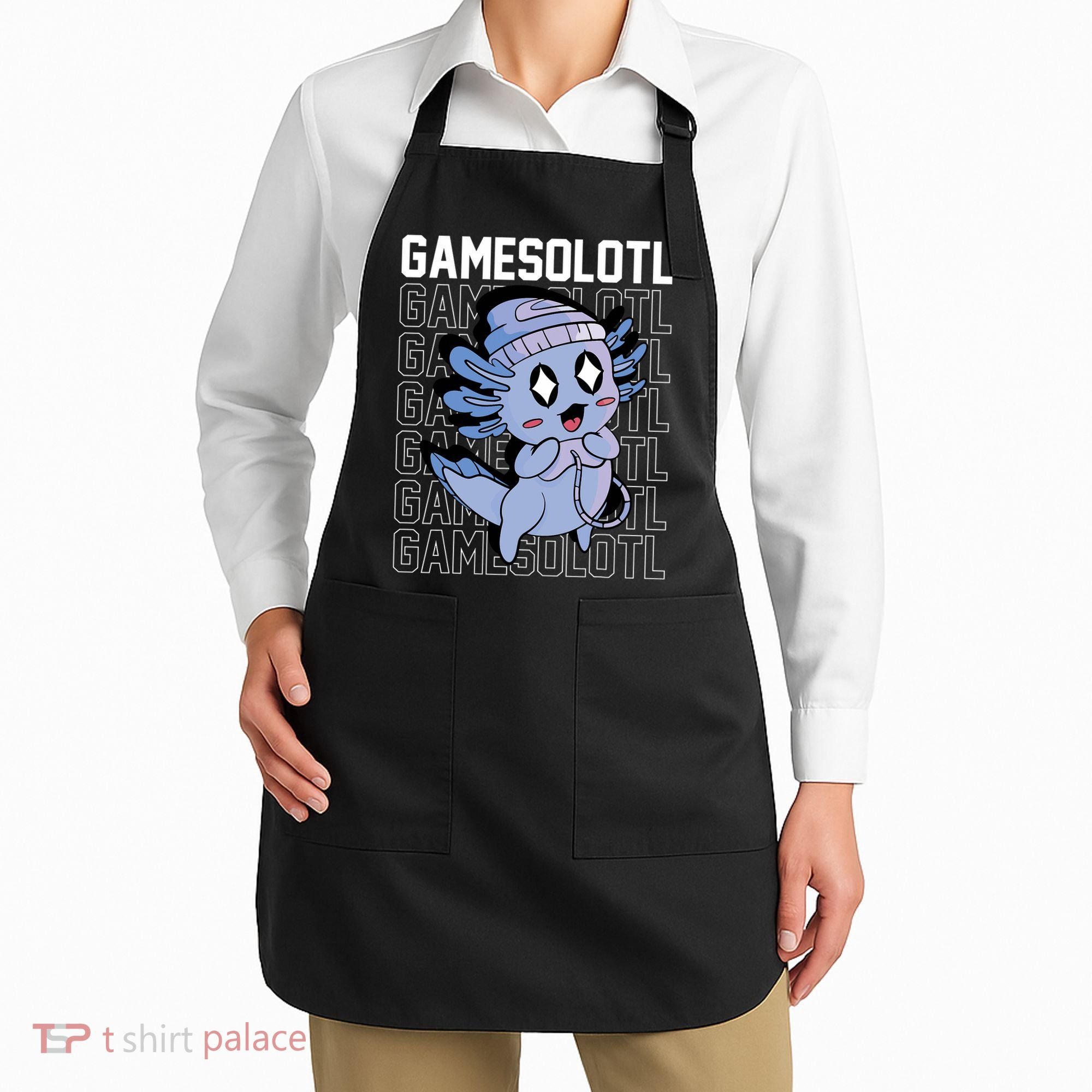 Whimsical Blue Axolotl With Gaming Sports Cap And Scarf Apron
