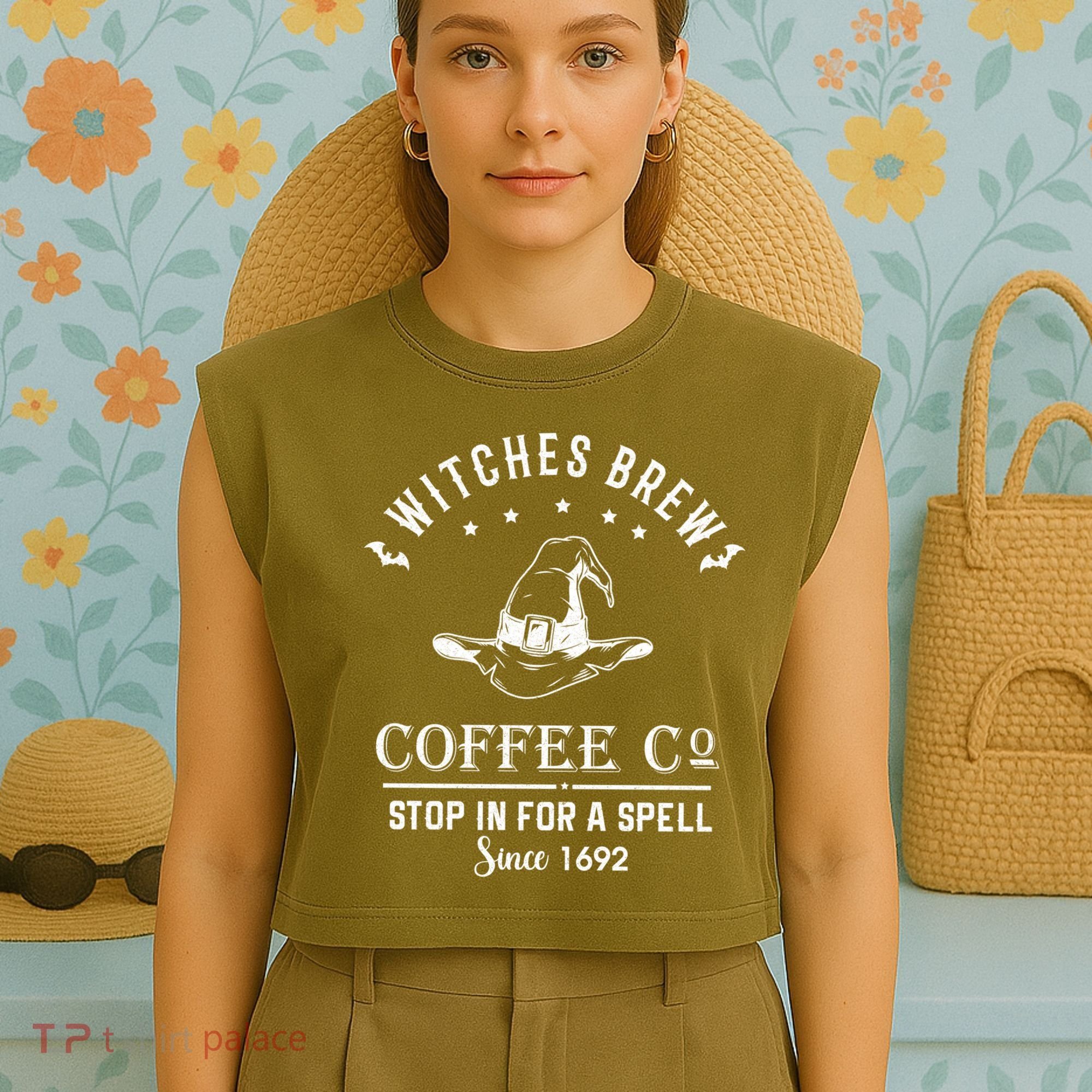 Witches Brew Coffee Co Halloween Stop For A Spell Since 1692 Garment-Dyed Women's Muscle Tee