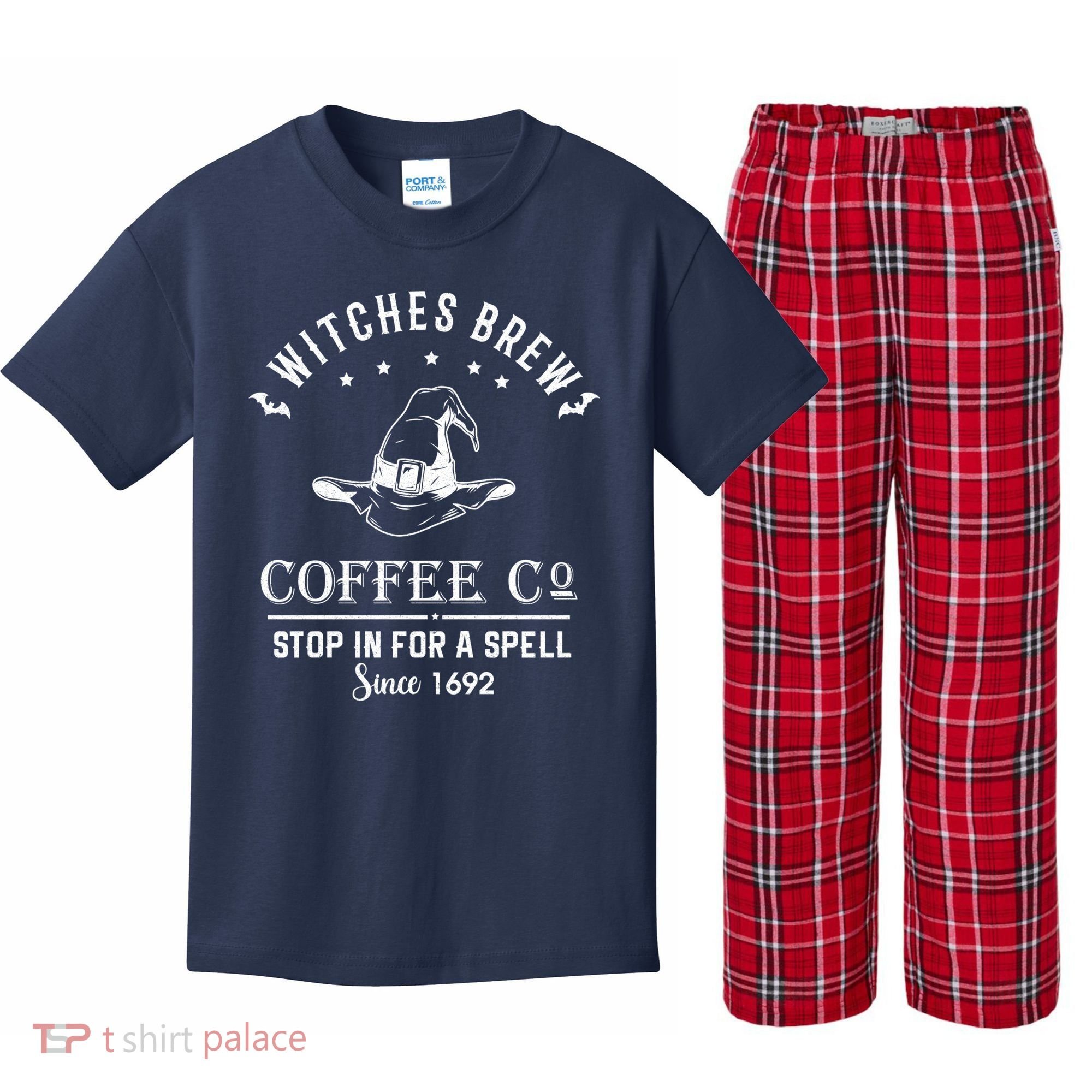 Witches Brew Coffee Co Halloween Stop For A Spell Since 1692 Kids Plaid Pajama Set