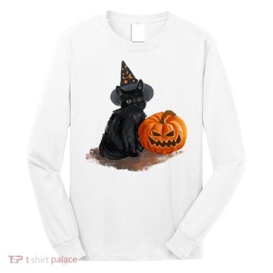 Witch Black Cat Pumpkin Halloween Long Sleeve Shirt