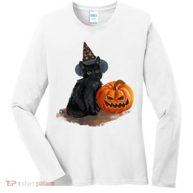 Witch Black Cat Pumpkin Halloween Women's Long Sleeve Shirt