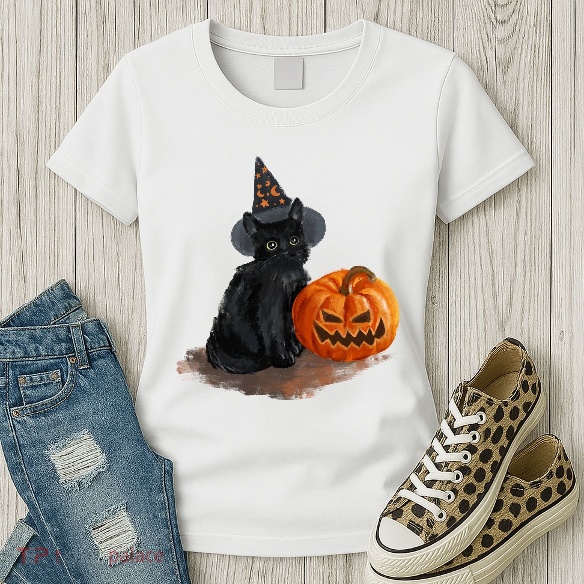 Witch Black Cat Pumpkin Halloween Women's T-Shirt