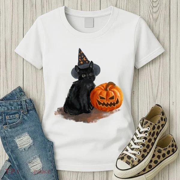 Witch Black Cat Pumpkin Halloween Women's T-Shirt