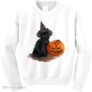 Witch Black Cat Pumpkin Halloween Kids Sweatshirt
