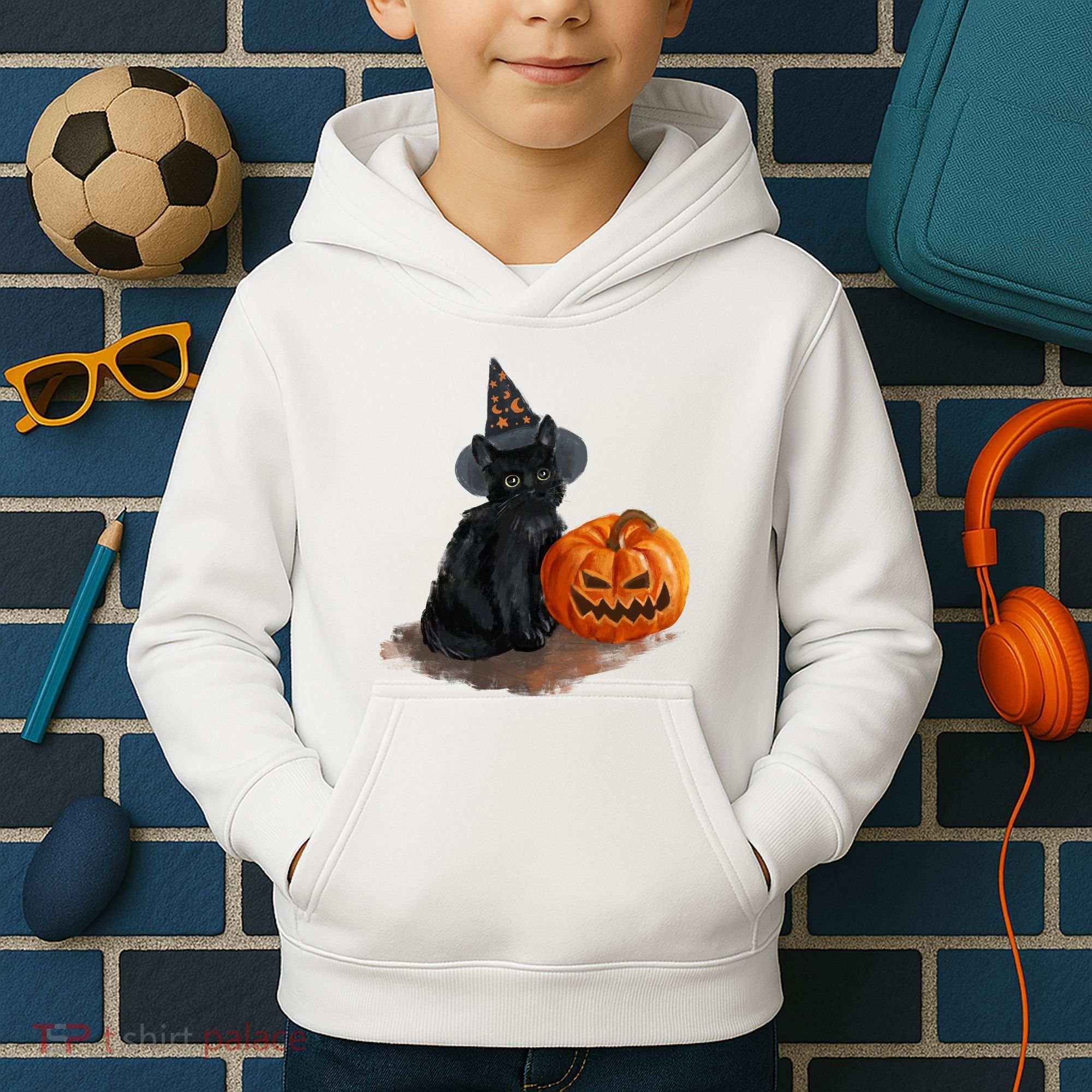 Witch Black Cat Pumpkin Halloween Kids Hoodie