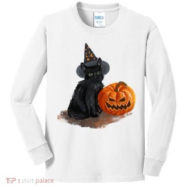 Witch Black Cat Pumpkin Halloween Kids Long Sleeve Shirt