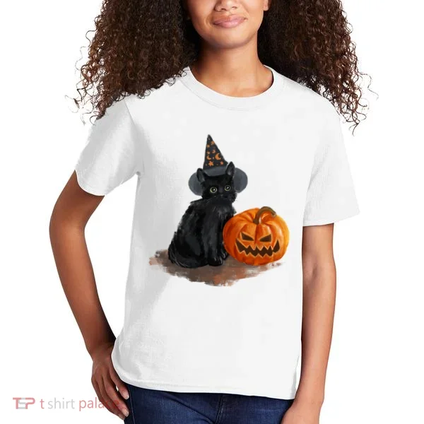 Witch Black Cat Pumpkin Halloween Kids T-Shirt