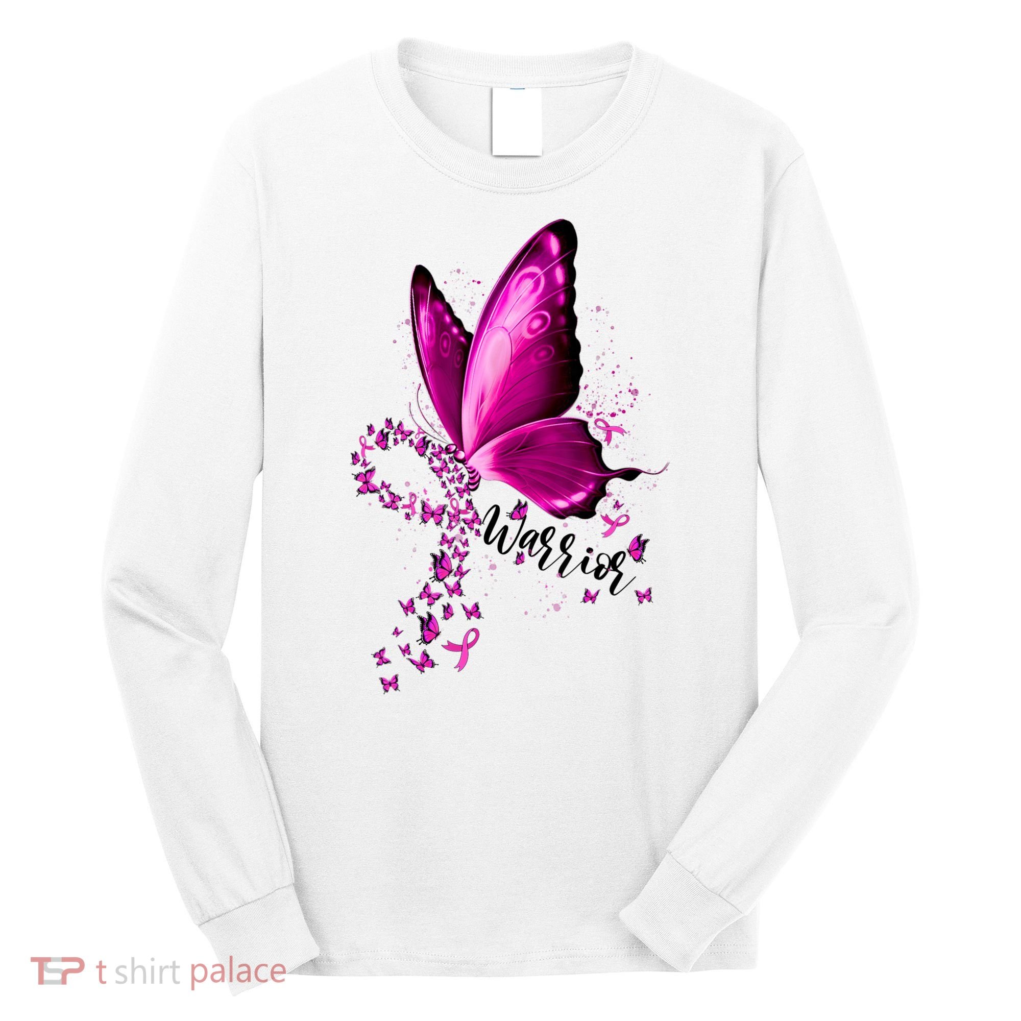 Warrior Breast Cancer Awareness Pink Ribbons Butterfly Long Sleeve Shirt