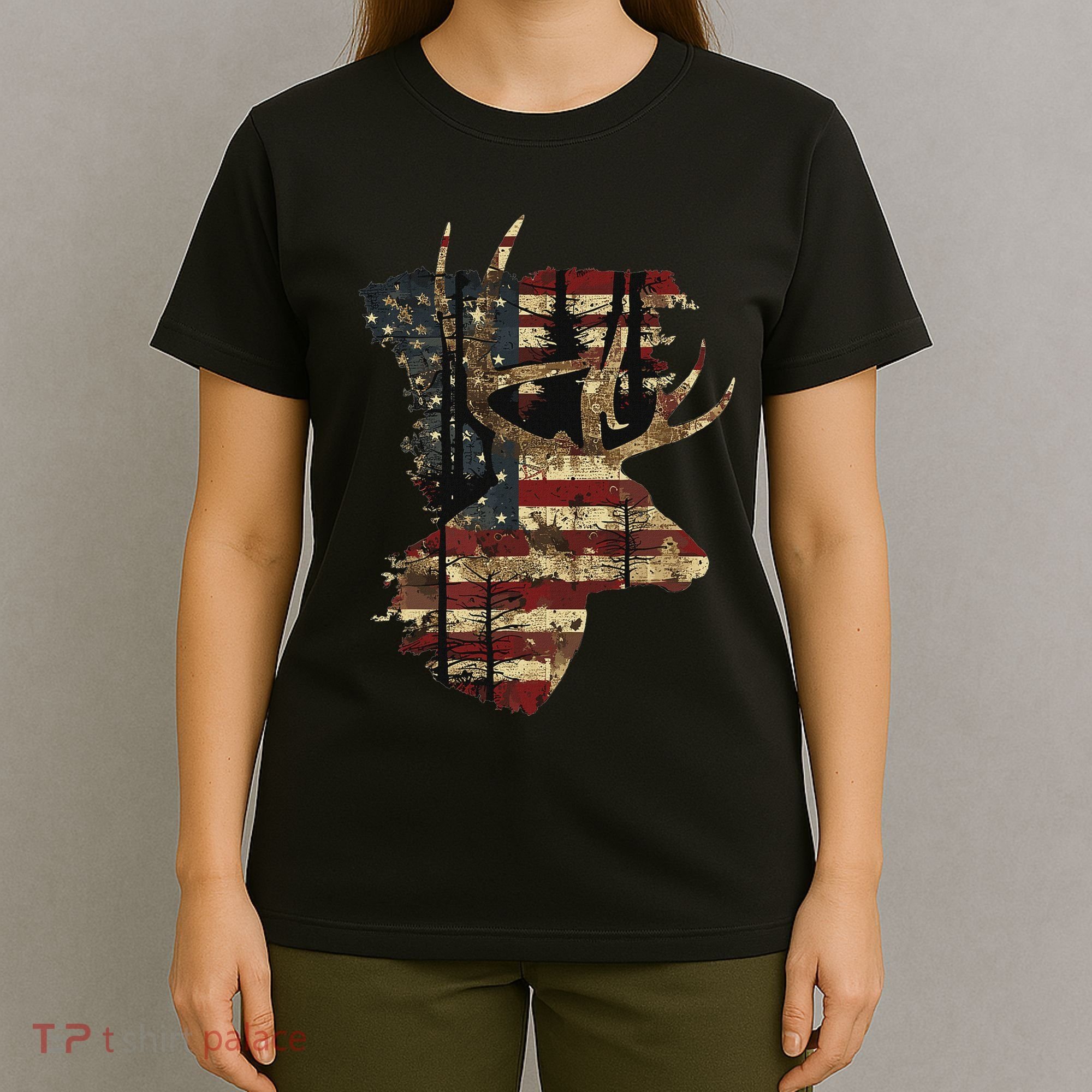 Whitetail Buck Deer Hunting Usa American Flag T-Shirt