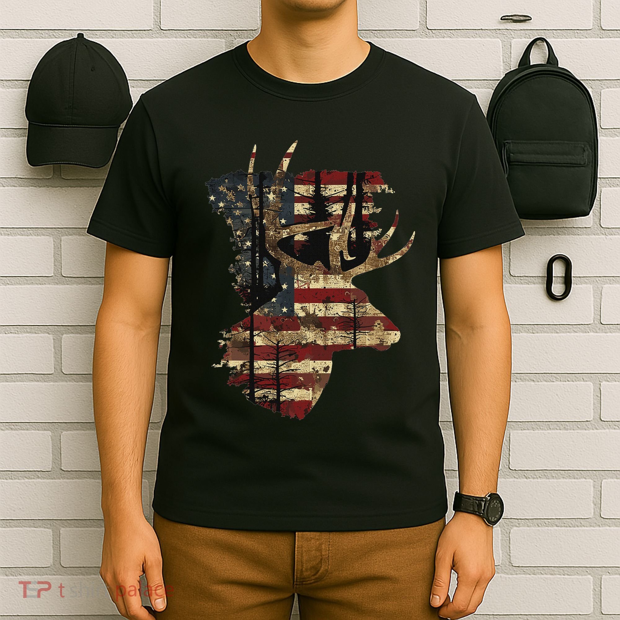 Whitetail Buck Deer Hunting Usa American Flag T-Shirt