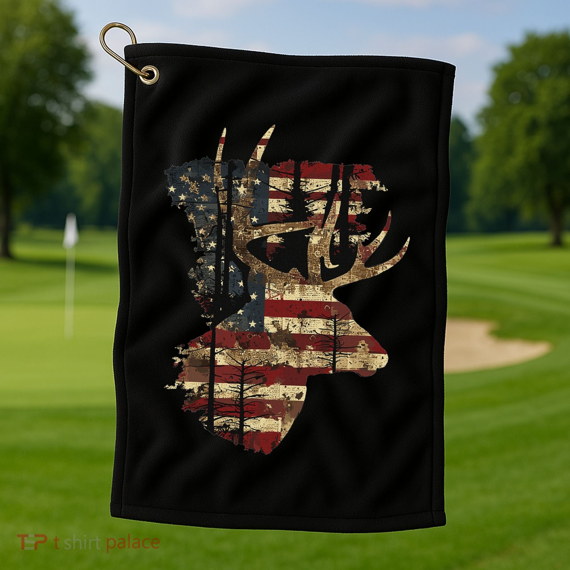 Whitetail Buck Deer Hunting Usa American Flag Golf Towel