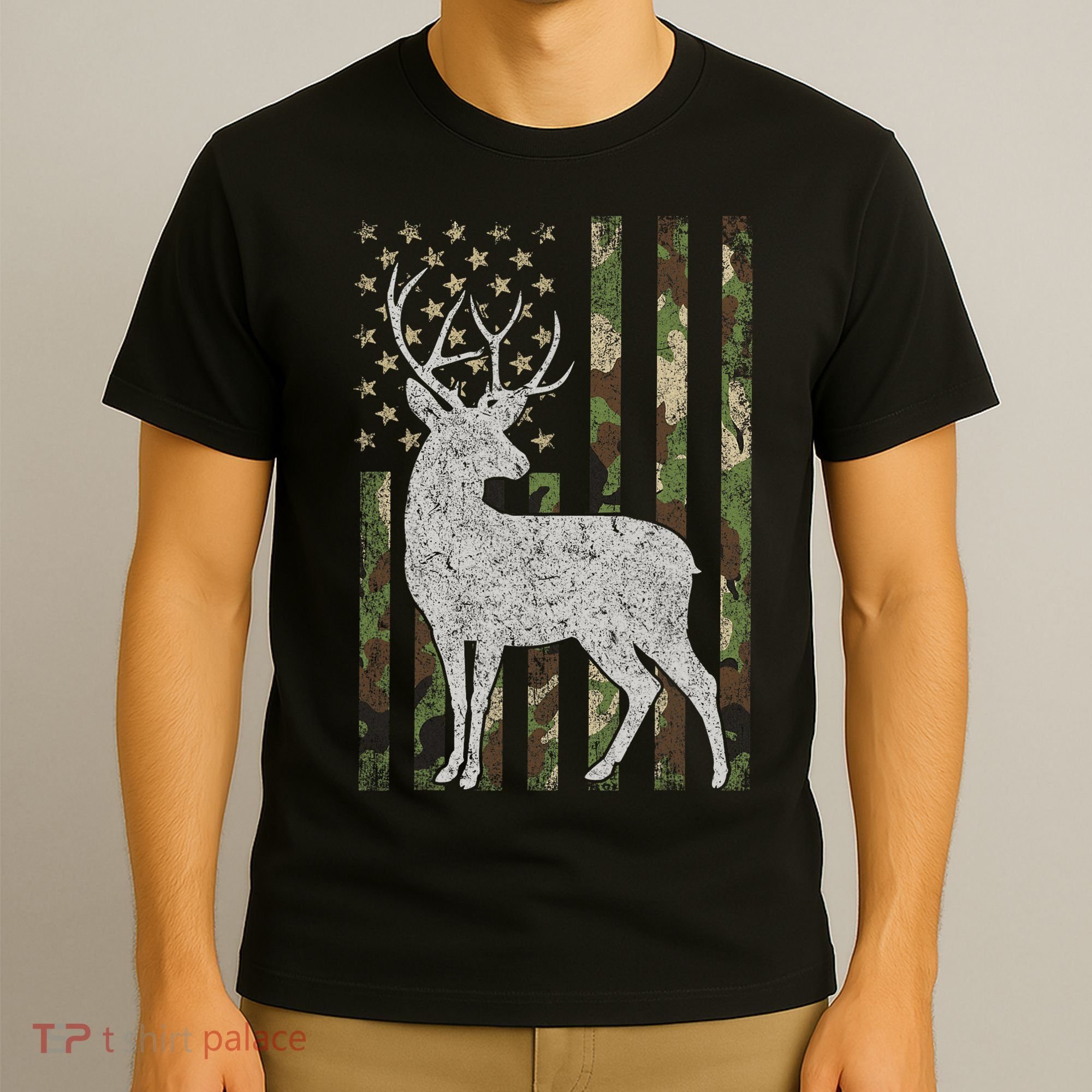 Whitetail Buck Deer Hunting American Camouflage USA Flag T-Shirt