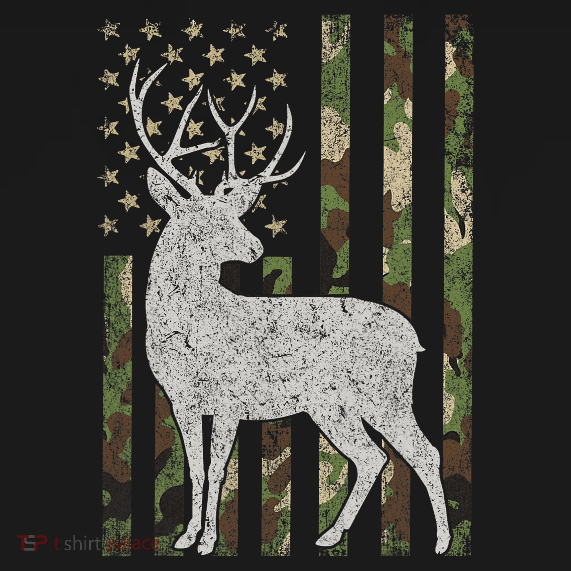Whitetail Buck Deer Hunting American Camouflage USA Flag T-Shirt