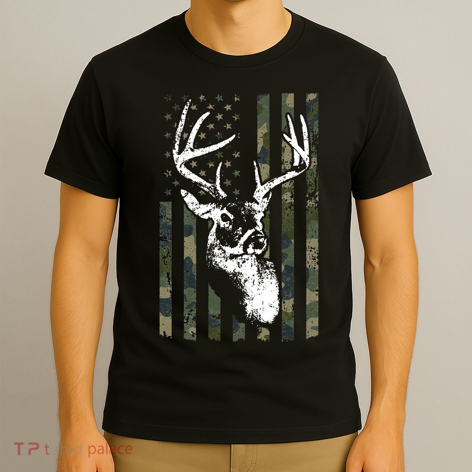 Whitetail Buck Deer Hunting USA Camouflage American Flag T-Shirt