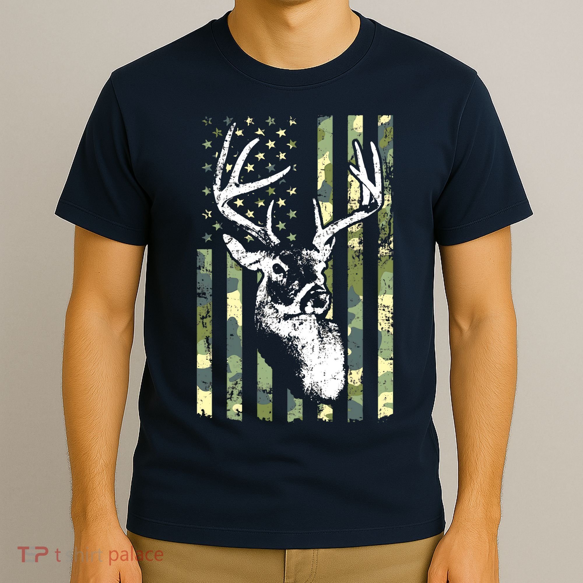 Whitetail Buck Deer Hunting USA Camouflage American Flag T-Shirt