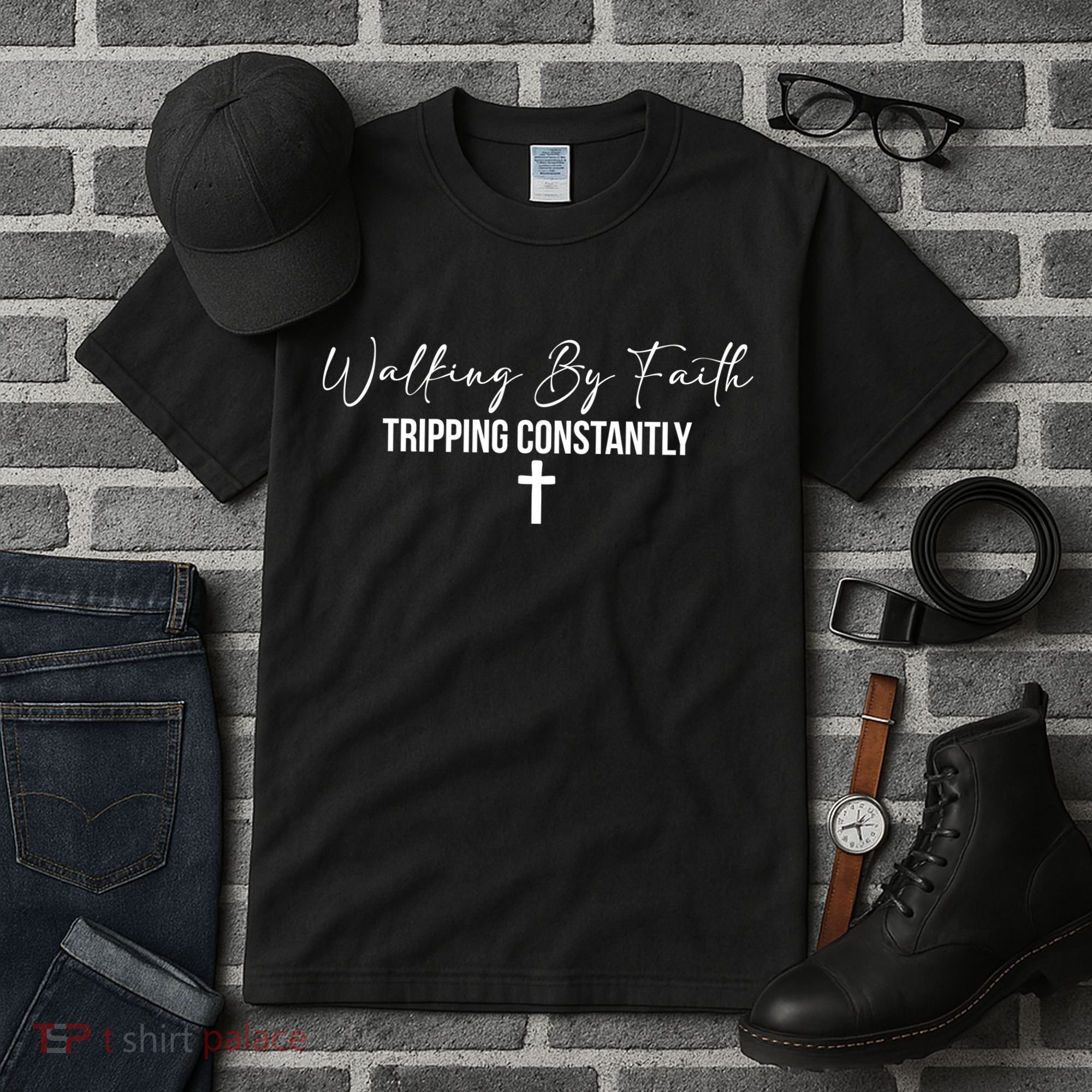Walking By Faith Tripping Constantly Funny Christian Tall T-Shirt
