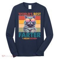 Worlds Best Farter I Mean Father Funny Retro Cat Long Sleeve Shirt thumb 0