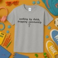 Walking By Faith Tripping Constantly Cross Funny Christian Kids T-Shirt thumb 3