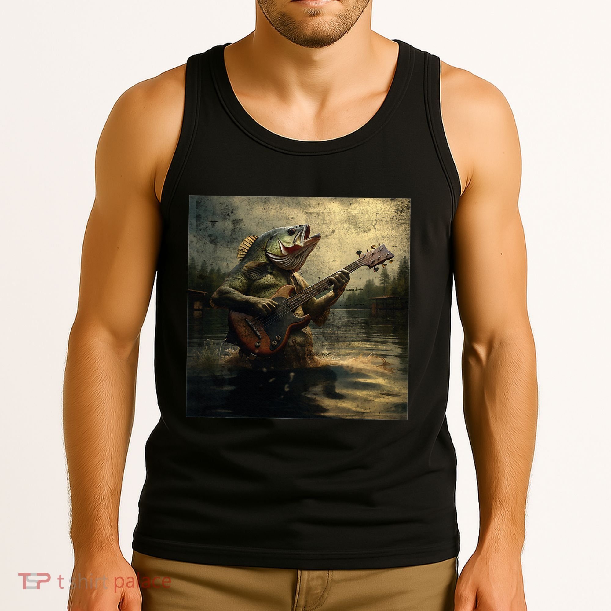 Weird Bass Fish Playing Bass Guitar Funny Cursed Meme Tank Top