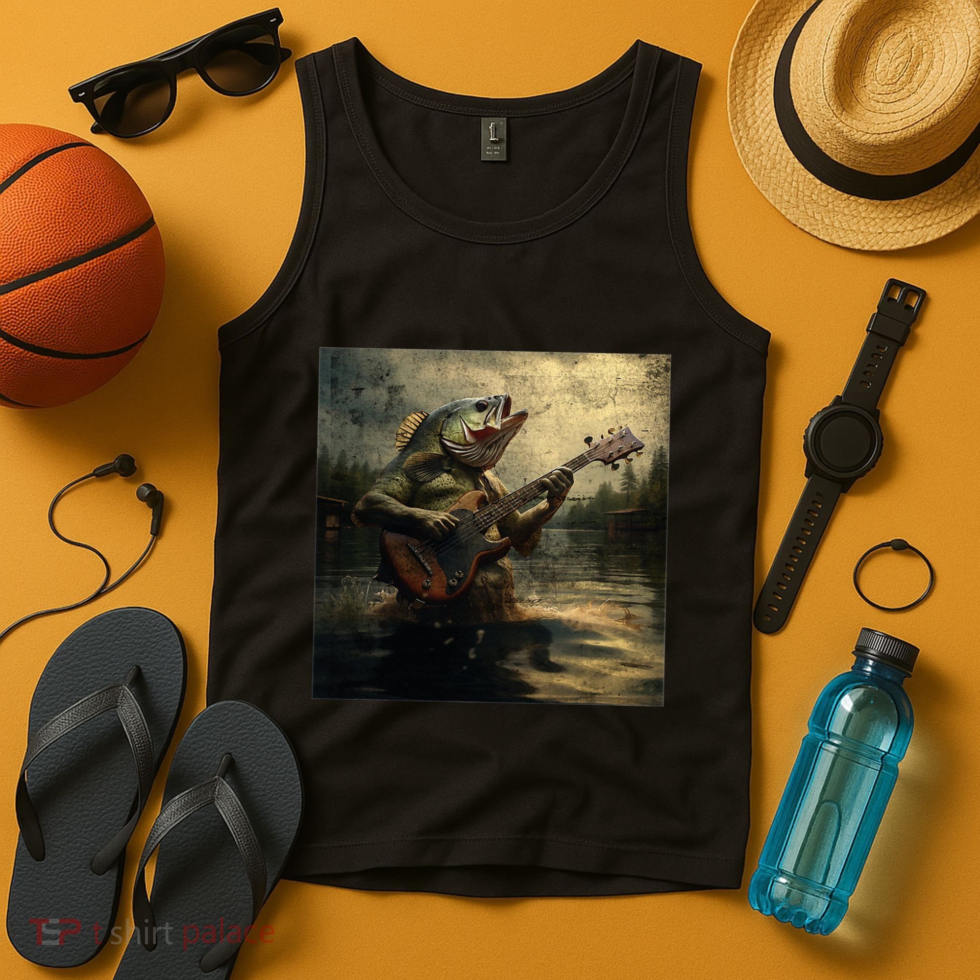 Weird Bass Fish Playing Bass Guitar Funny Cursed Meme Tank Top