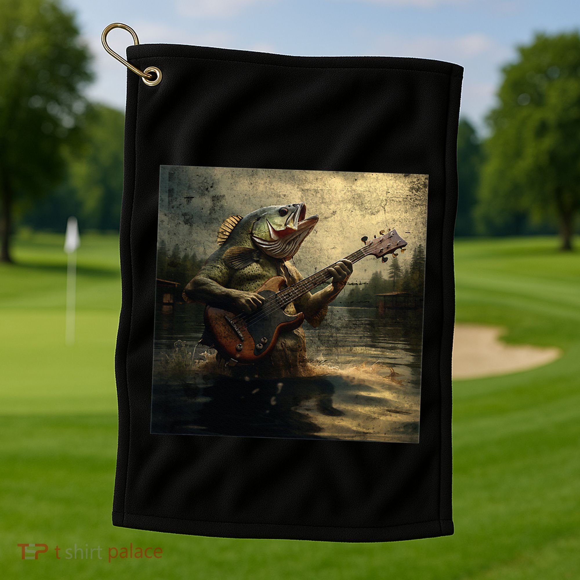 Weird Bass Fish Playing Bass Guitar Funny Cursed Meme Golf Towel