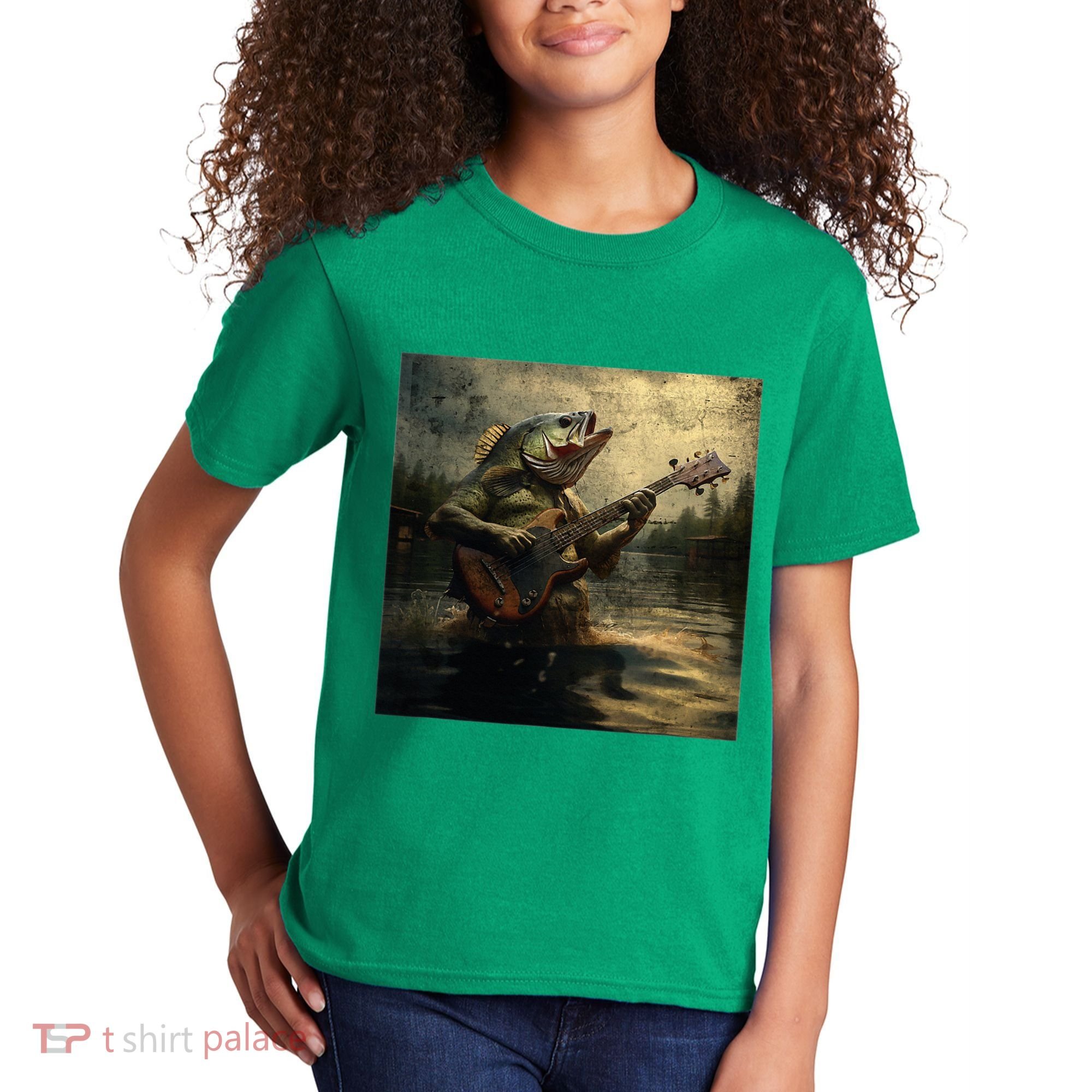 Weird Bass Fish Playing Bass Guitar Funny Cursed Meme Kids T-Shirt