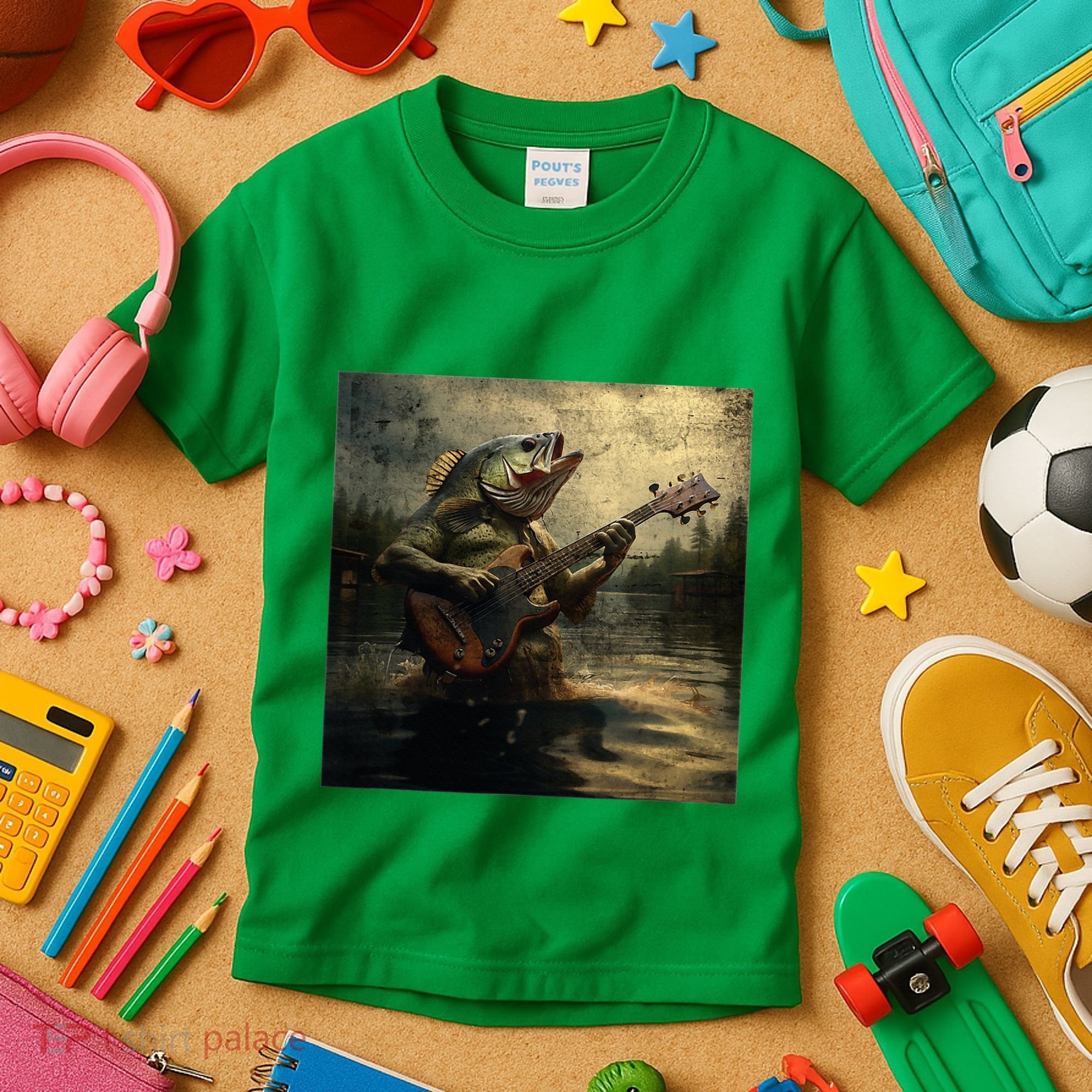 Weird Bass Fish Playing Bass Guitar Funny Cursed Meme Kids T-Shirt