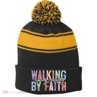 Walking By Faith Tripping Constantly Retro Funny Christian Slogan Stripe Pom Pom Beanie thumb 0