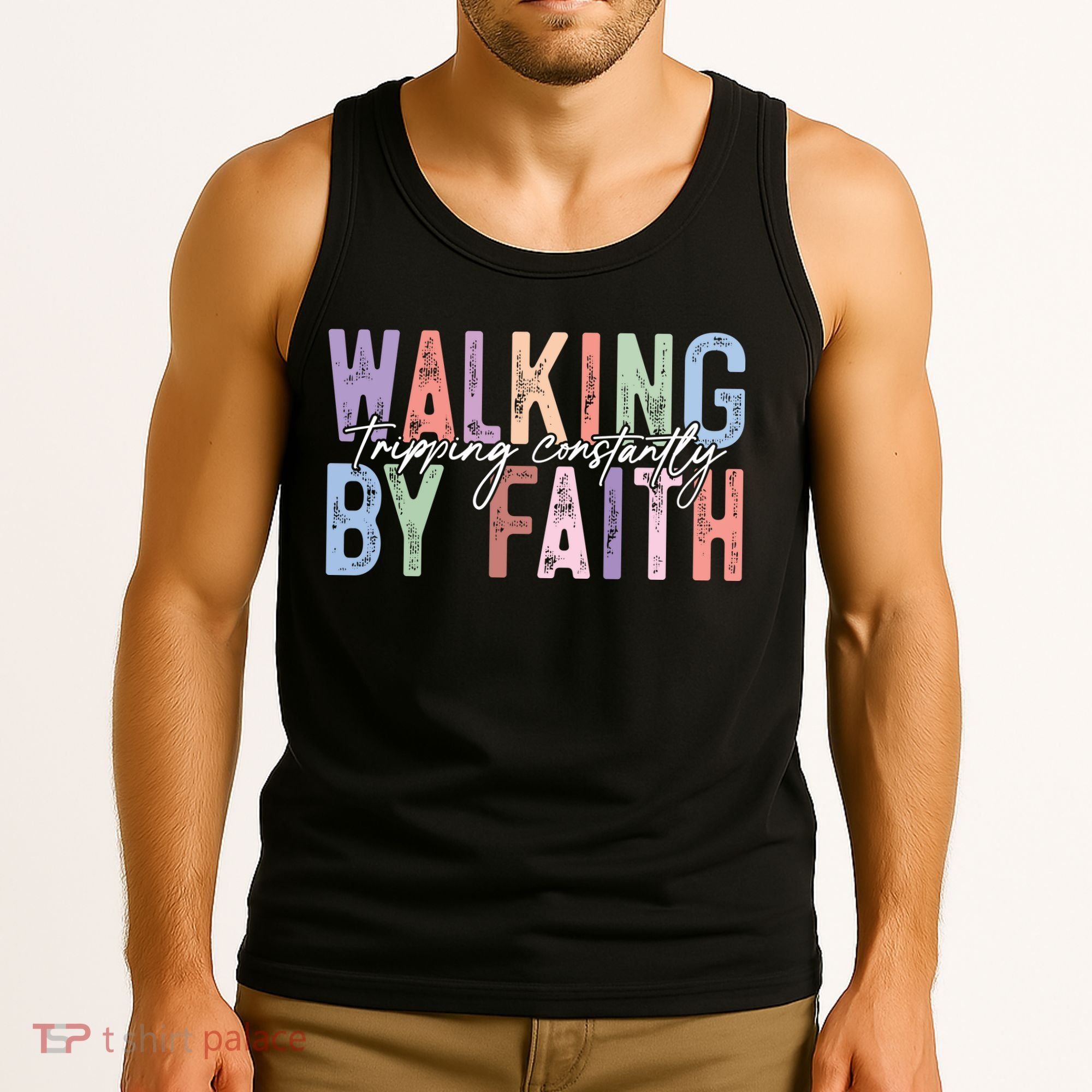 Walking By Faith Tripping Constantly Retro Funny Christian Slogan Tank Top