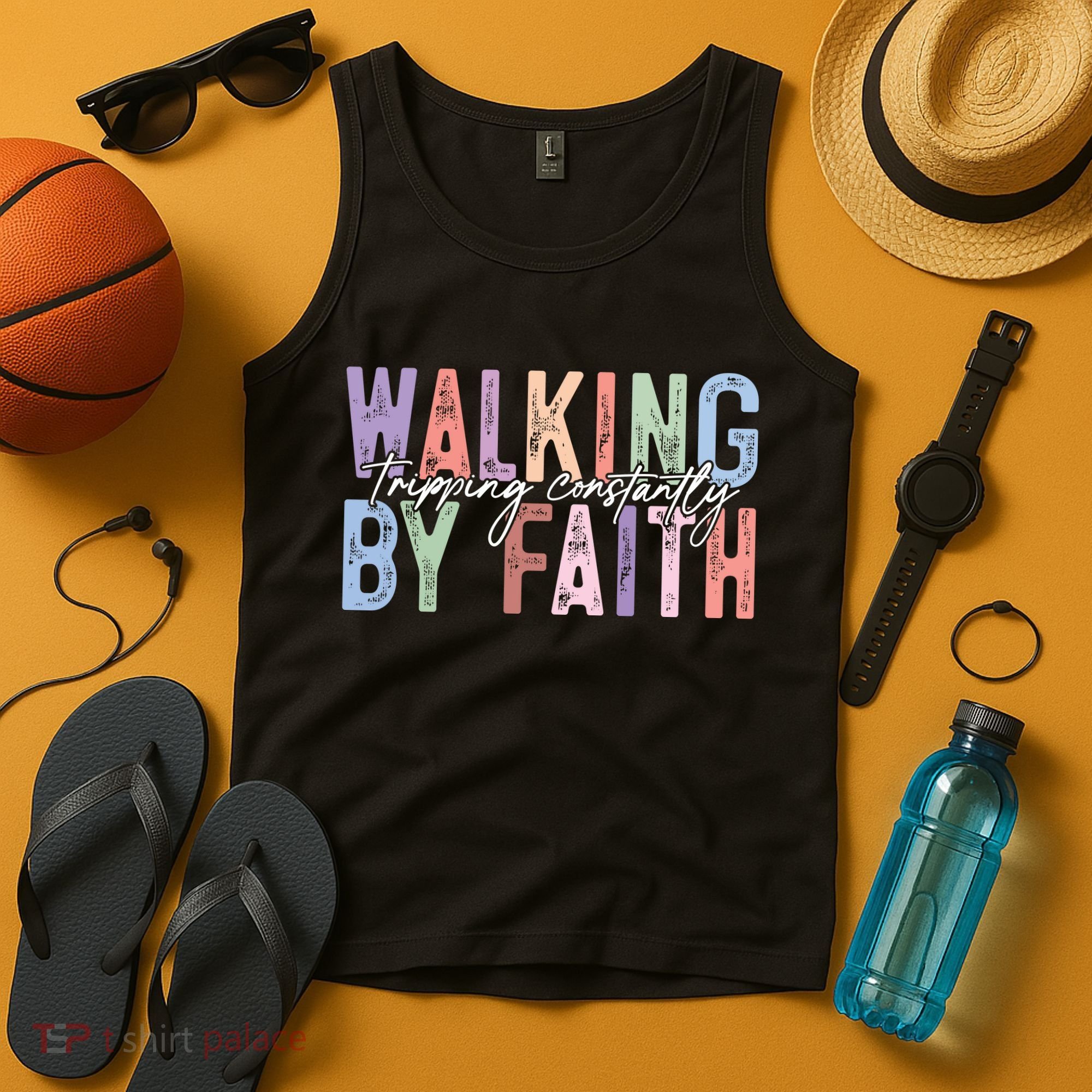Walking By Faith Tripping Constantly Retro Funny Christian Slogan Tank Top