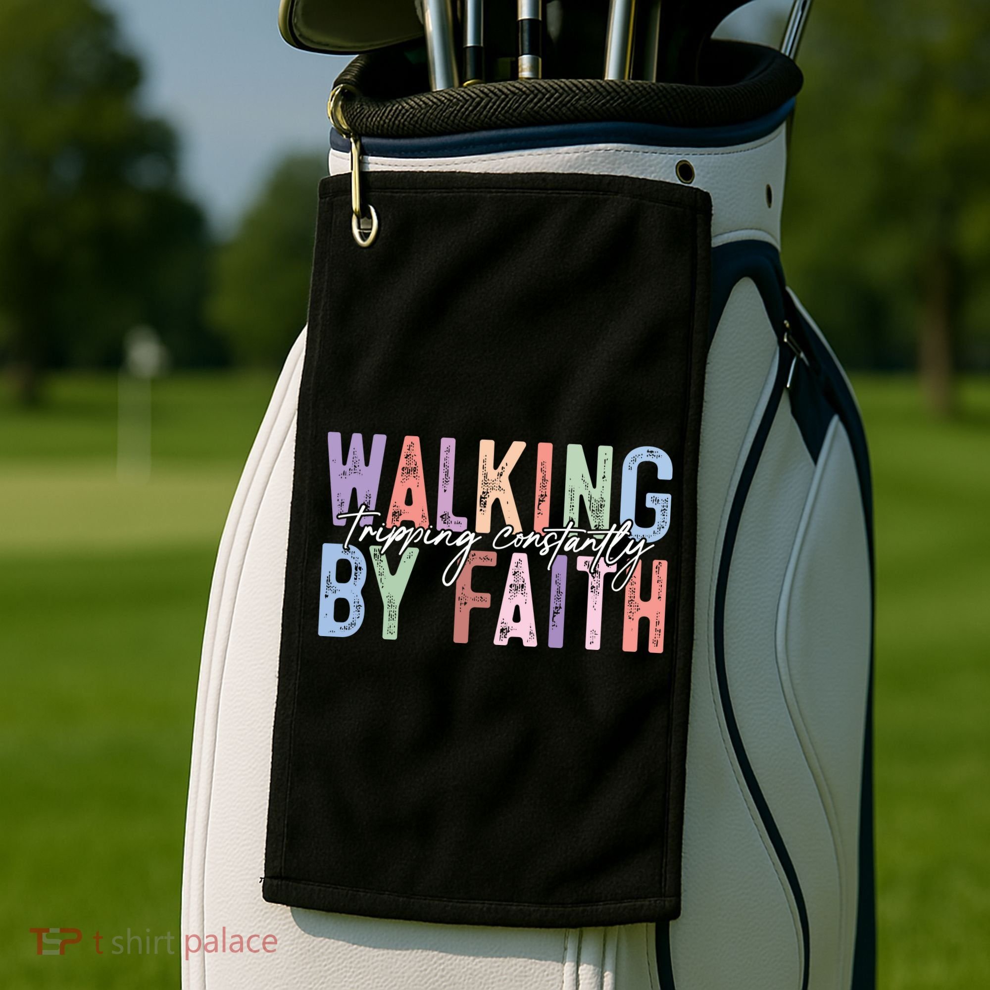 Walking By Faith Tripping Constantly Retro Funny Christian Slogan Golf Towel