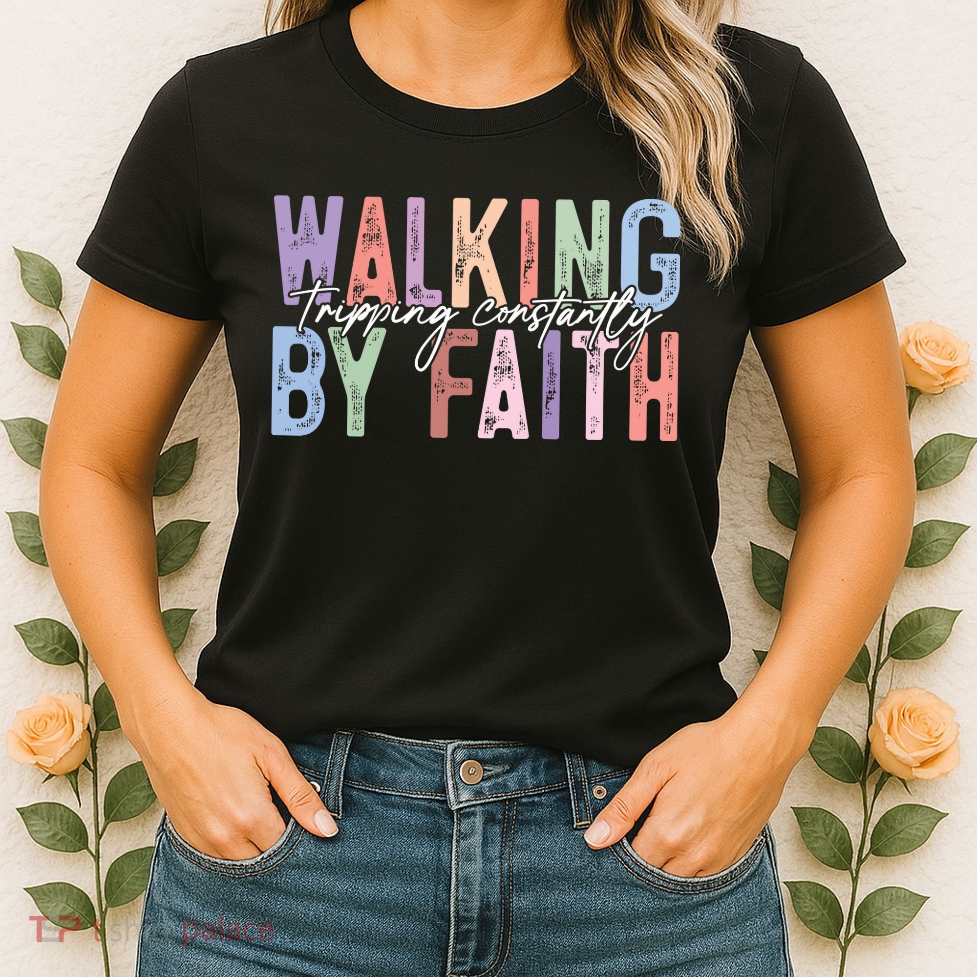 Walking By Faith Tripping Constantly Retro Funny Christian Slogan Women's T-Shirt