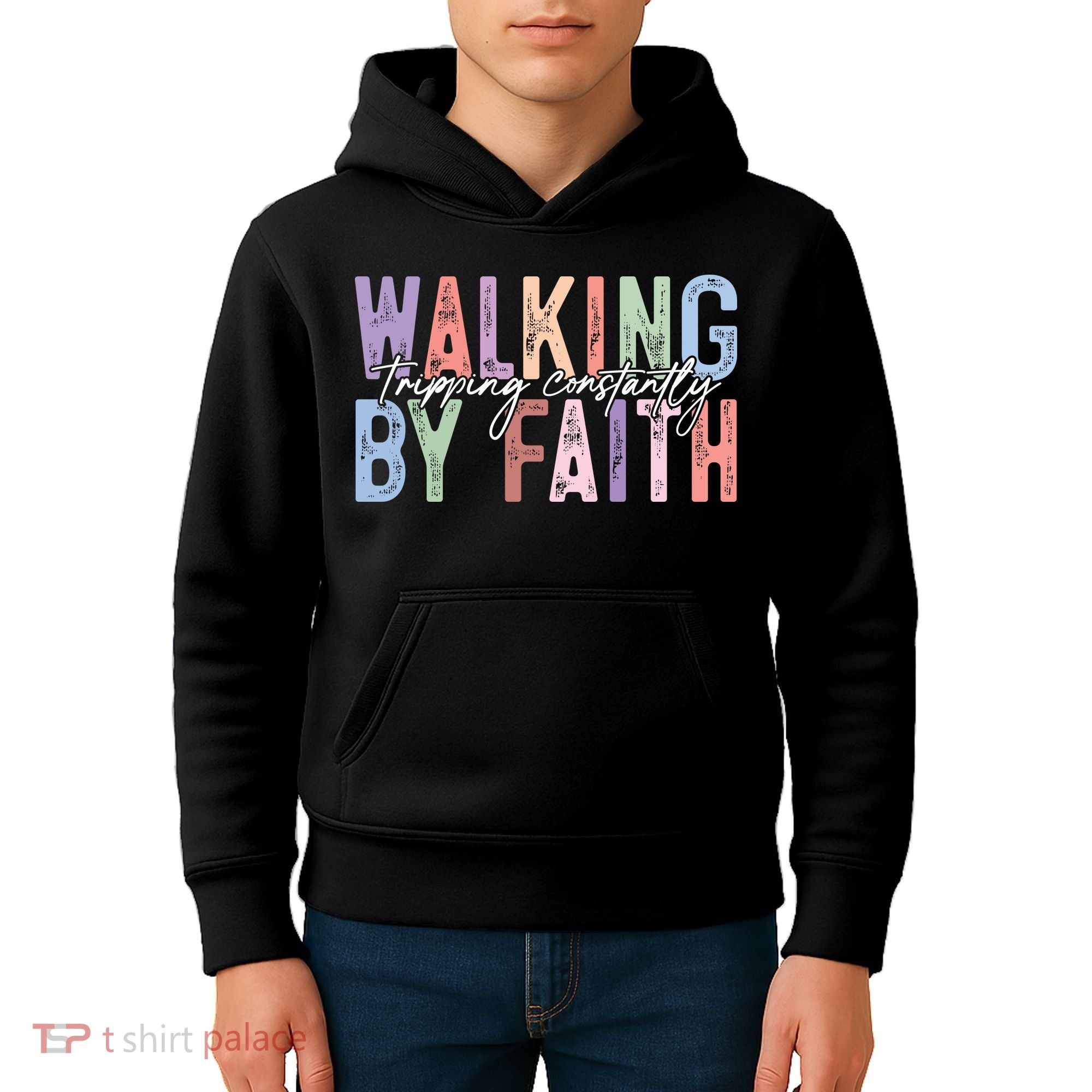 Walking By Faith Tripping Constantly Retro Funny Christian Slogan Kids Hoodie