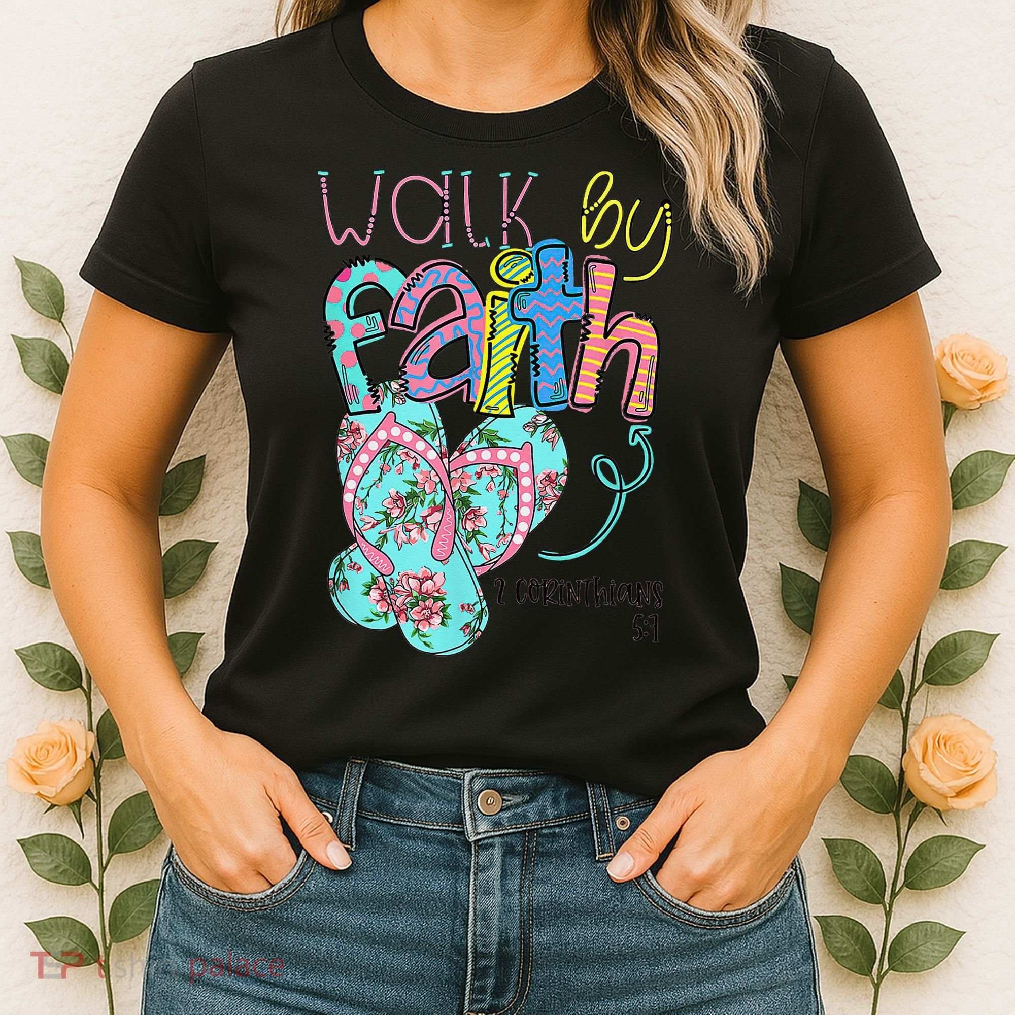 Walk By Faith Flip Flops Christian Jesus Bible Verse Summer Women's T-Shirt