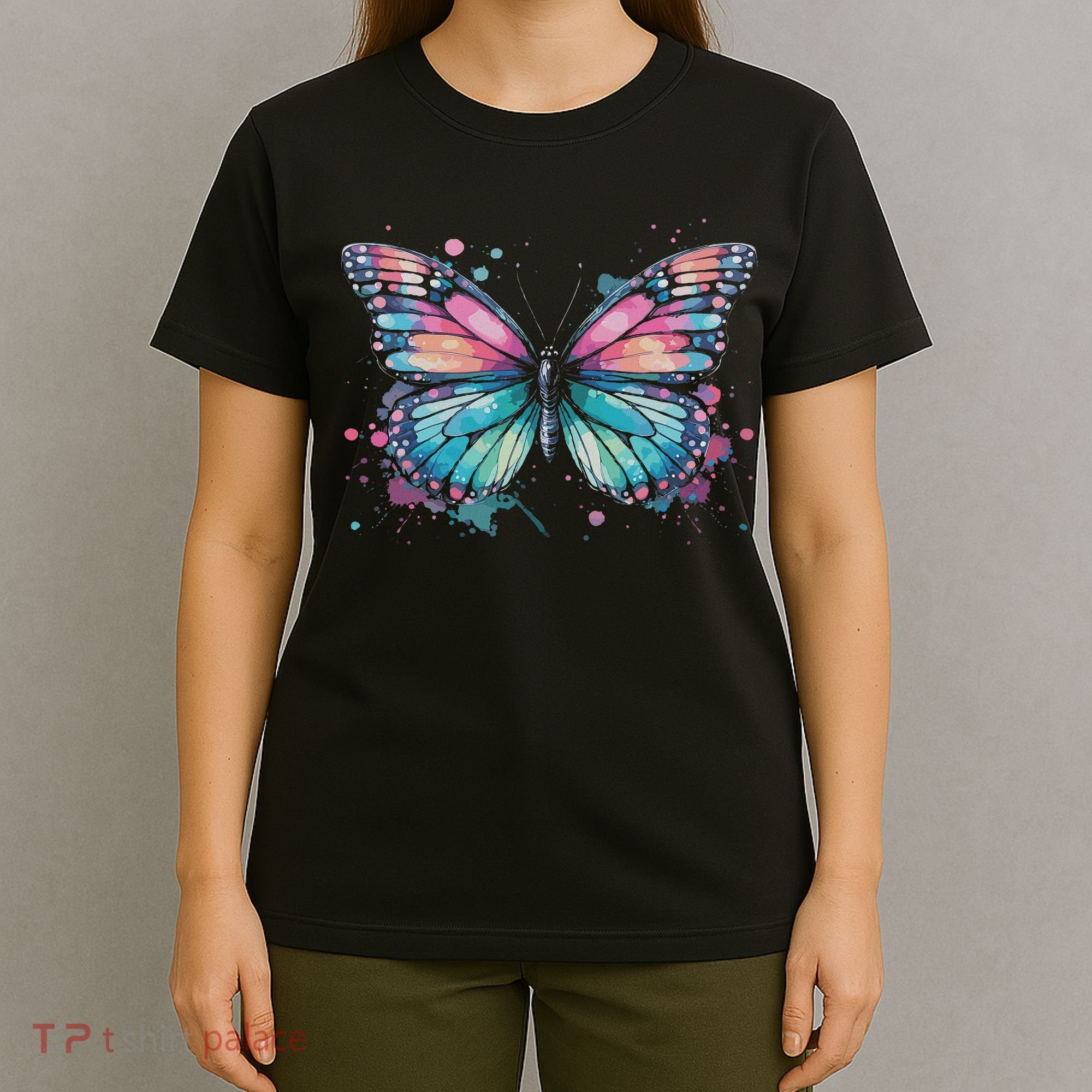 Watercolor Butterfly Gift Child Butterfly Black Modern Round Neck Straight Alph T-Shirt