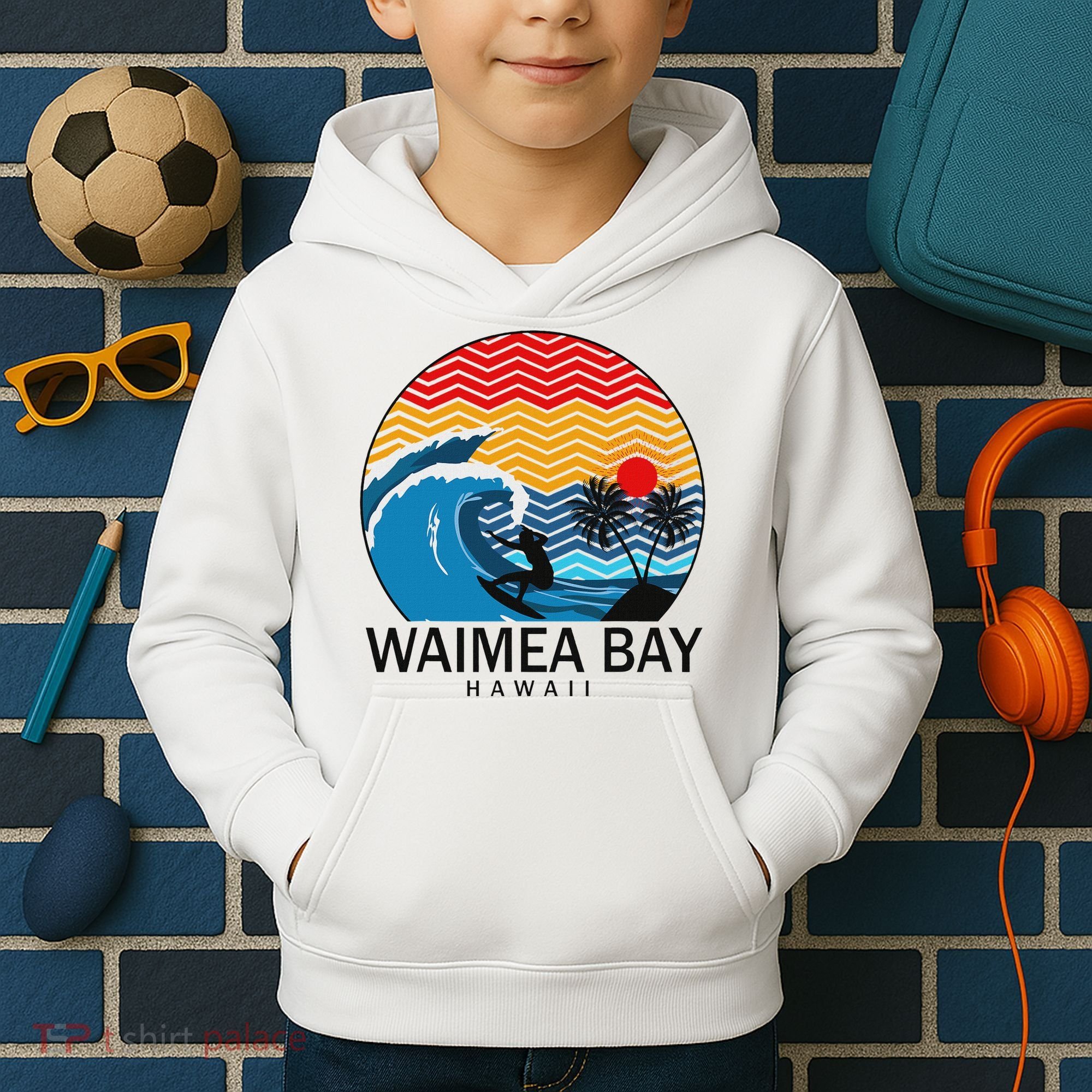 Waimea Bay Hawaii Surfboard Kids Hoodie