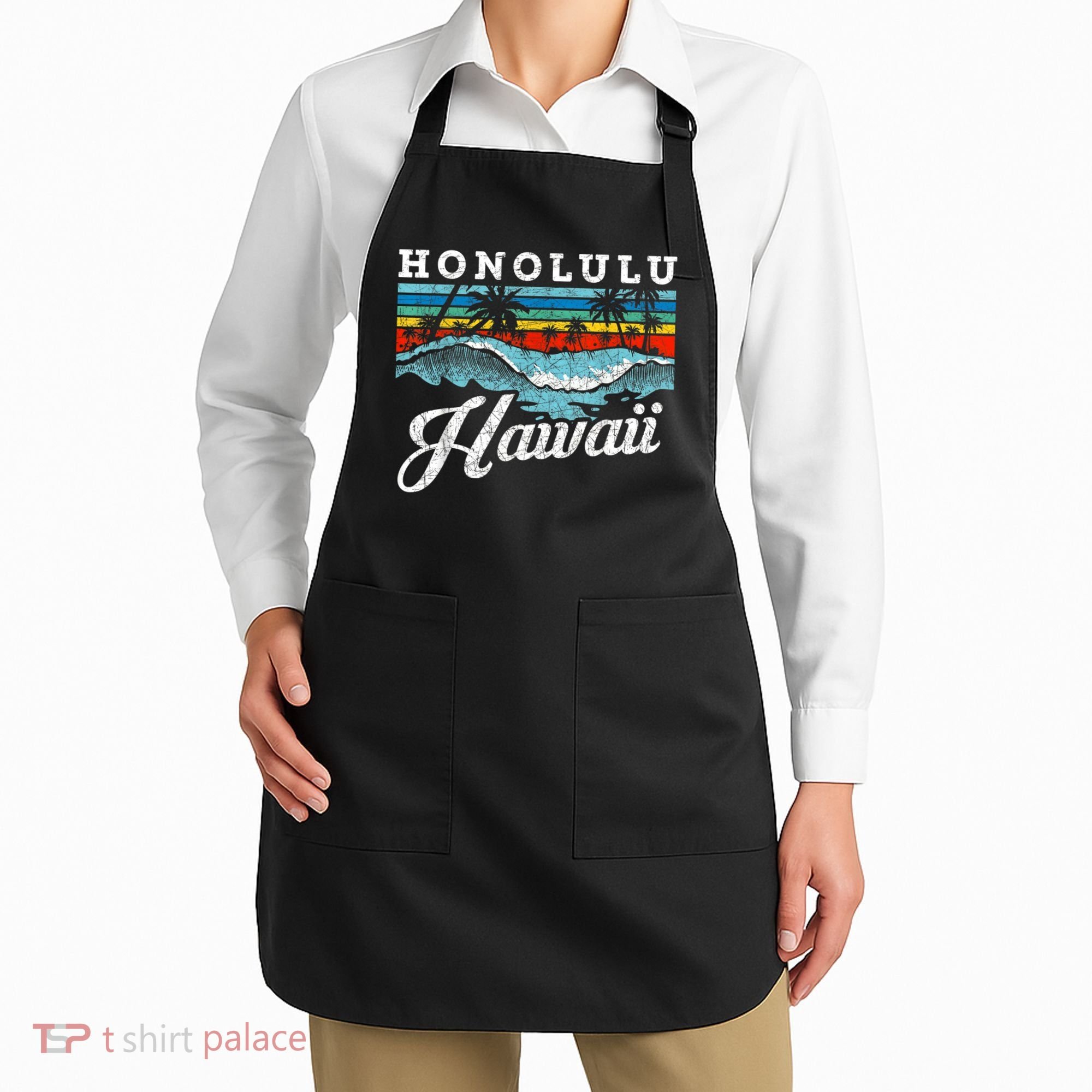 Waves Beach Honolulu Hawaiian Summer Surfing Retro Hawaii Apron
