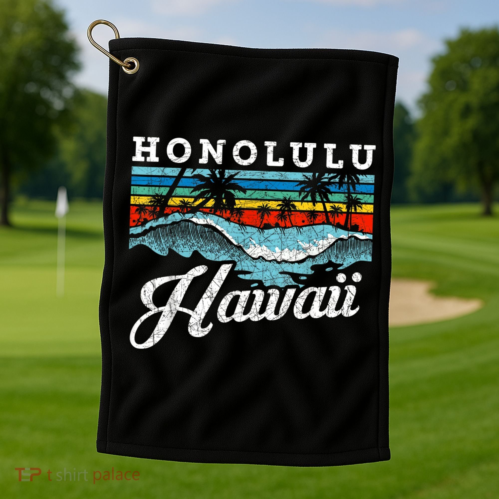 Waves Beach Honolulu Hawaiian Summer Surfing Retro Hawaii Golf Towel