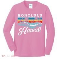 Waves Beach Honolulu Hawaiian Summer Surfing Retro Hawaii Kids Long Sleeve Shirt thumb 0