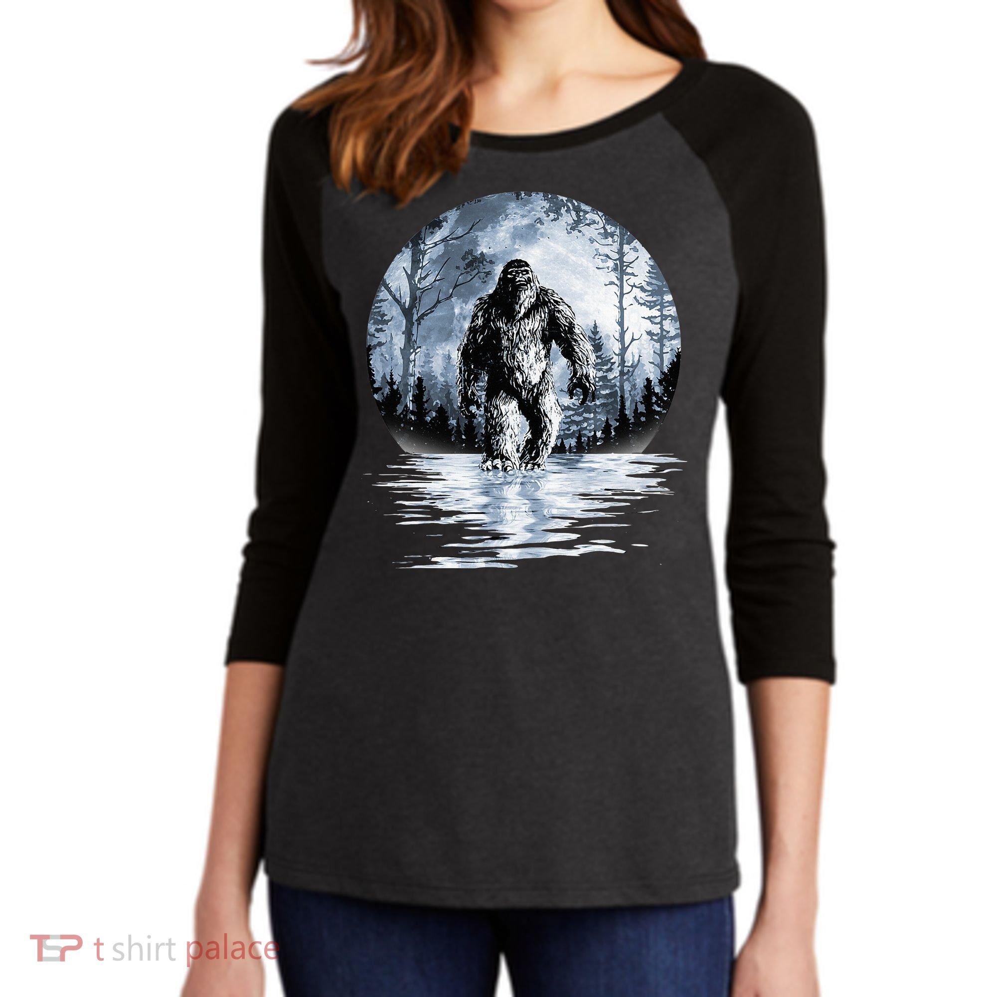 Women Bigfoot Moon Lunar Sasquatch Women's Tri-Blend 3/4-Sleeve Raglan Shirt